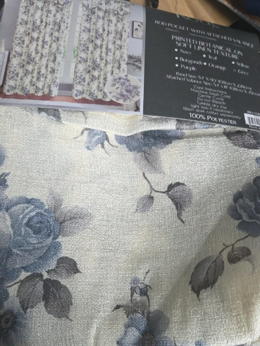 Rouge! Blue Floral Printed Linen-Texture Curtains with Beaded Trim